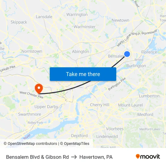 Bensalem Blvd & Gibson Rd to Havertown, PA map
