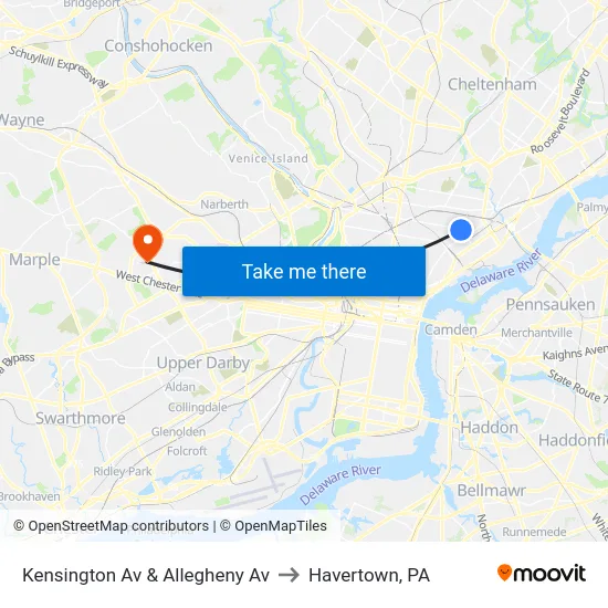 Kensington Av & Allegheny Av to Havertown, PA map
