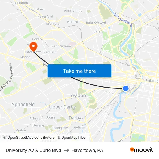 University Av & Curie Blvd to Havertown, PA map