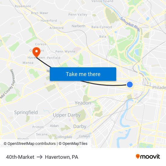 40th-Market to Havertown, PA map