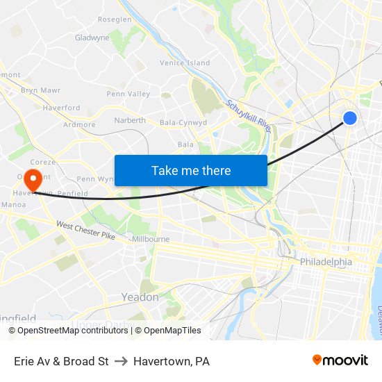 Erie Av & Broad St to Havertown, PA map