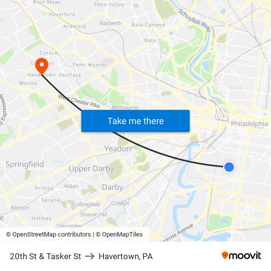 20th St & Tasker St to Havertown, PA map