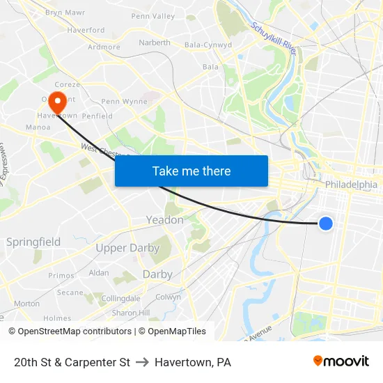 20th St & Carpenter St to Havertown, PA map