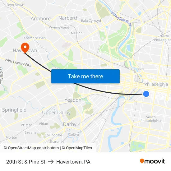 20th St & Pine St to Havertown, PA map
