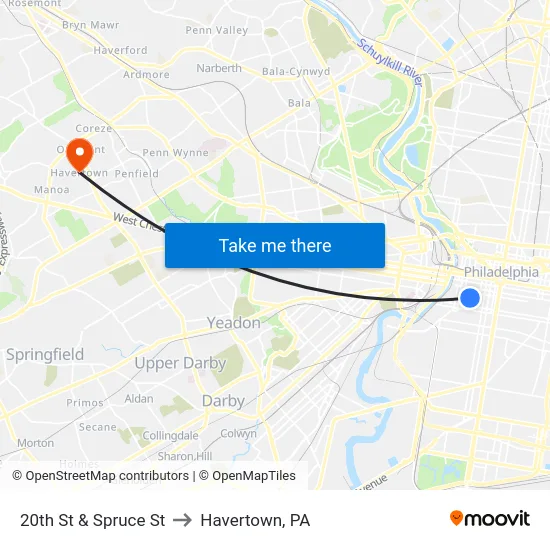 20th St & Spruce St to Havertown, PA map