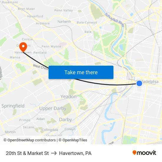 20th St & Market St to Havertown, PA map