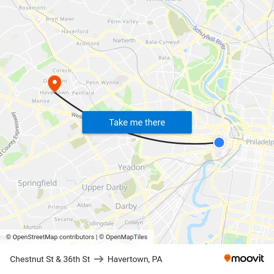 Chestnut St & 36th St to Havertown, PA map