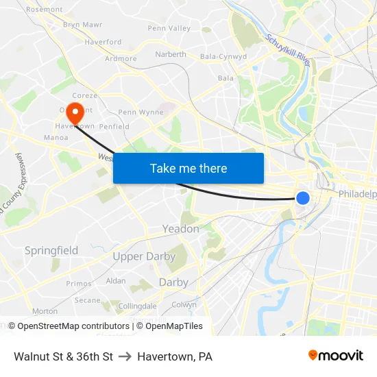 Walnut St & 36th St to Havertown, PA map