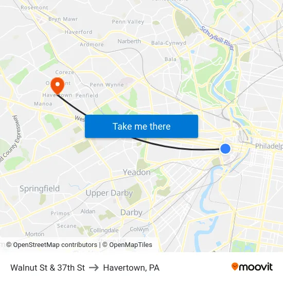 Walnut St & 37th St to Havertown, PA map