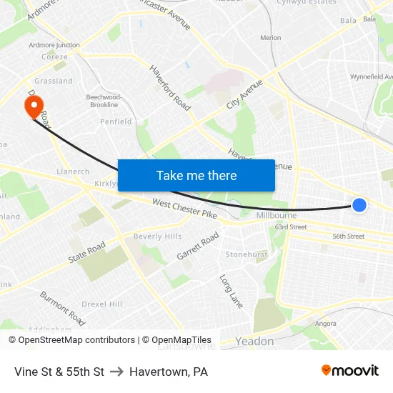 Vine St & 55th St to Havertown, PA map
