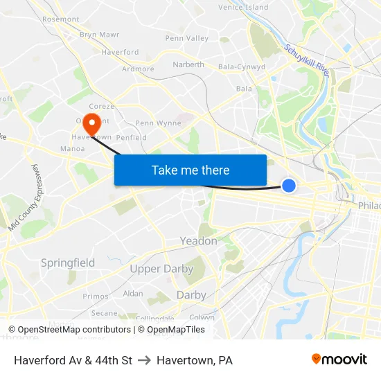 Haverford Av & 44th St to Havertown, PA map