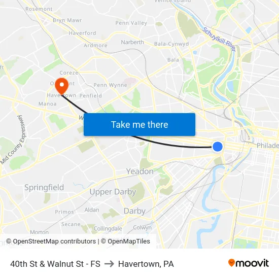 40th St & Walnut St - FS to Havertown, PA map