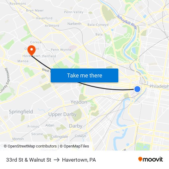 33rd St & Walnut St to Havertown, PA map