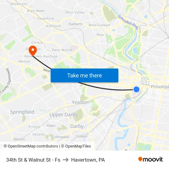 34th St & Walnut St - Fs to Havertown, PA map