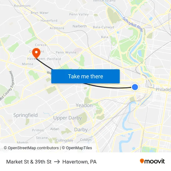 Market St & 39th St to Havertown, PA map