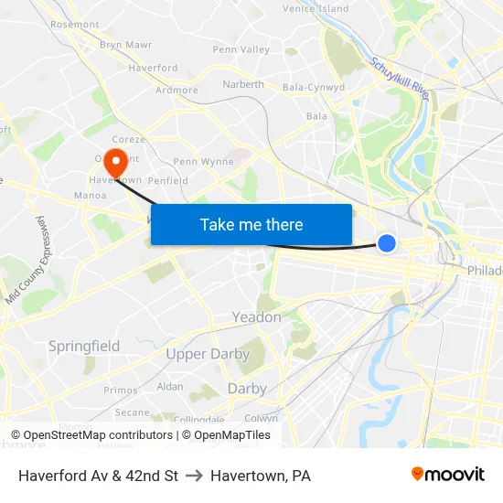 Haverford Av & 42nd St to Havertown, PA map