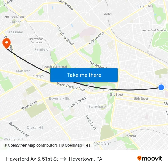 Haverford Av & 51st St to Havertown, PA map