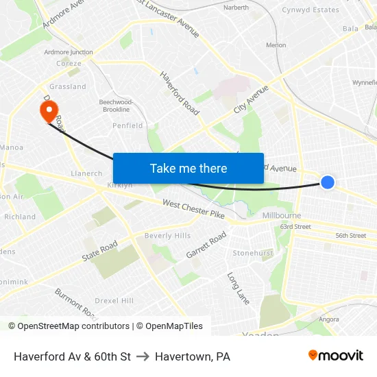 Haverford Av & 60th St to Havertown, PA map