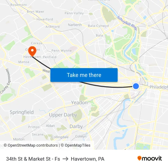 34th St & Market St - Fs to Havertown, PA map