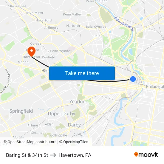 Baring St & 34th St to Havertown, PA map