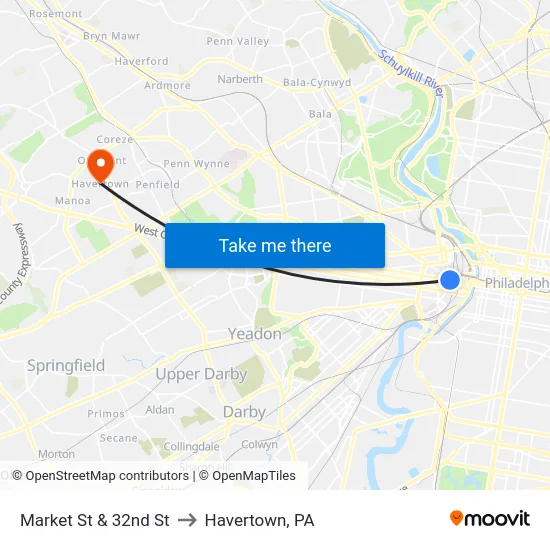 Market St & 32nd St to Havertown, PA map