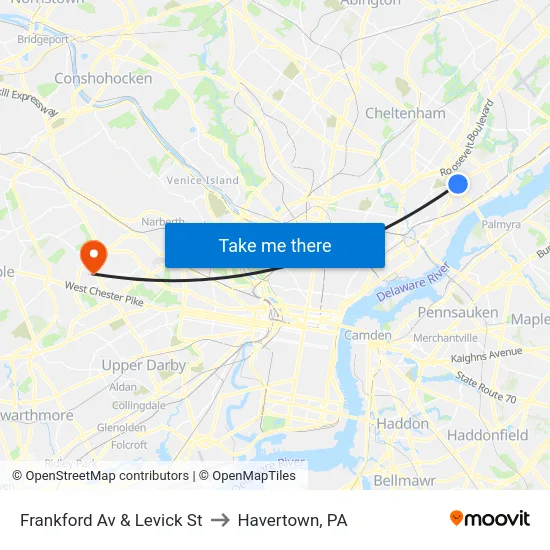 Frankford Av & Levick St to Havertown, PA map
