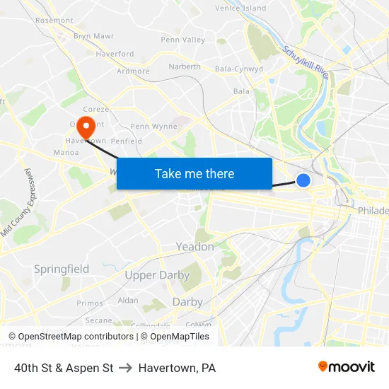 40th St & Aspen St to Havertown, PA map