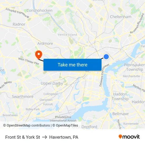 Front St & York St to Havertown, PA map