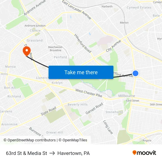 63rd St & Media St to Havertown, PA map