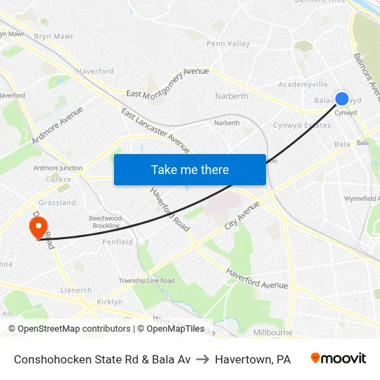 Conshohocken State Rd & Bala Av to Havertown, PA map