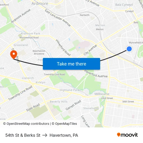 54th St & Berks St to Havertown, PA map
