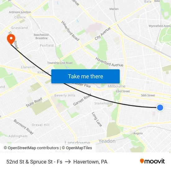 52nd St & Spruce St - Fs to Havertown, PA map