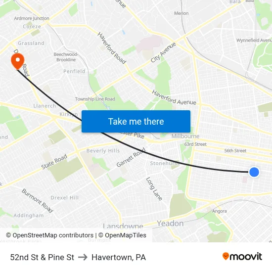 52nd St & Pine St to Havertown, PA map
