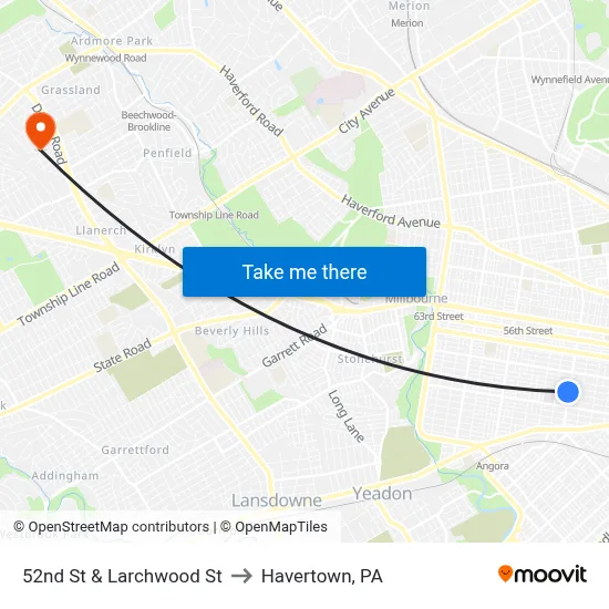 52nd St & Larchwood St to Havertown, PA map