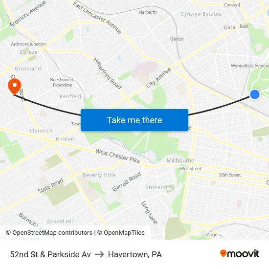 52nd St & Parkside Av to Havertown, PA map