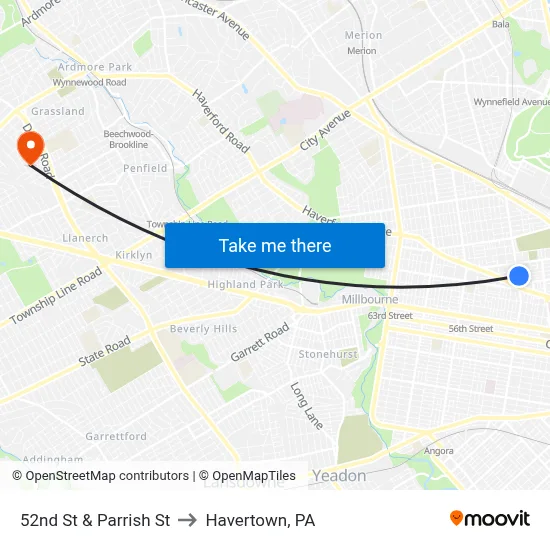52nd St & Parrish St to Havertown, PA map