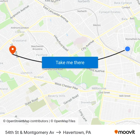 54th St & Montgomery Av to Havertown, PA map