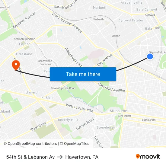 54th St & Lebanon Av to Havertown, PA map