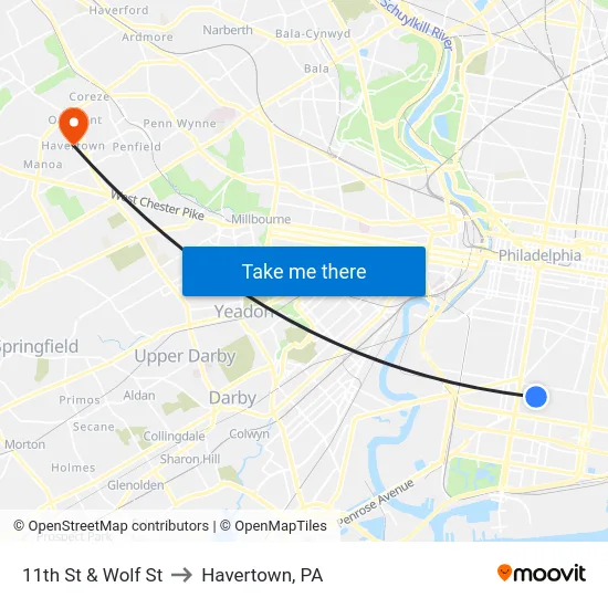 11th St & Wolf St to Havertown, PA map