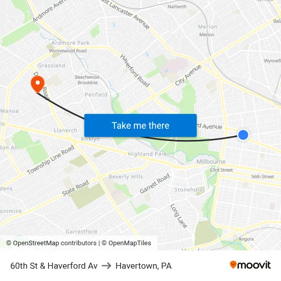 60th St & Haverford Av to Havertown, PA map