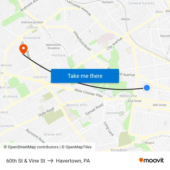 60th St & Vine St to Havertown, PA map