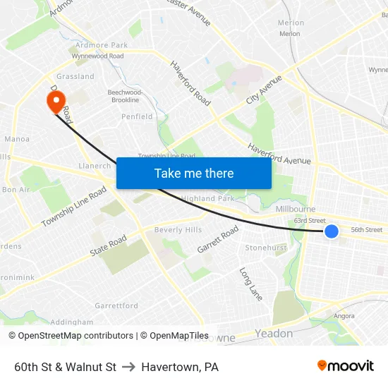 60th St & Walnut St to Havertown, PA map
