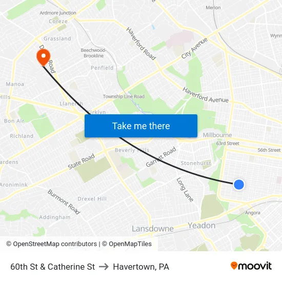 60th St & Catherine St to Havertown, PA map