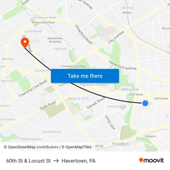 60th St & Locust St to Havertown, PA map