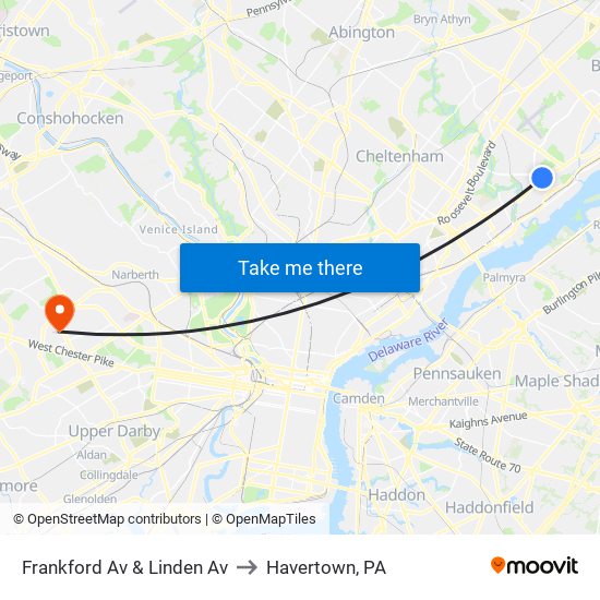 Frankford Av & Linden Av to Havertown, PA map