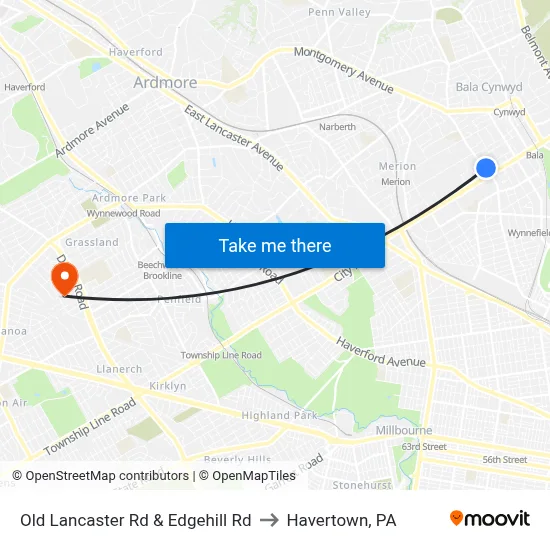 Old Lancaster Rd & Edgehill Rd to Havertown, PA map