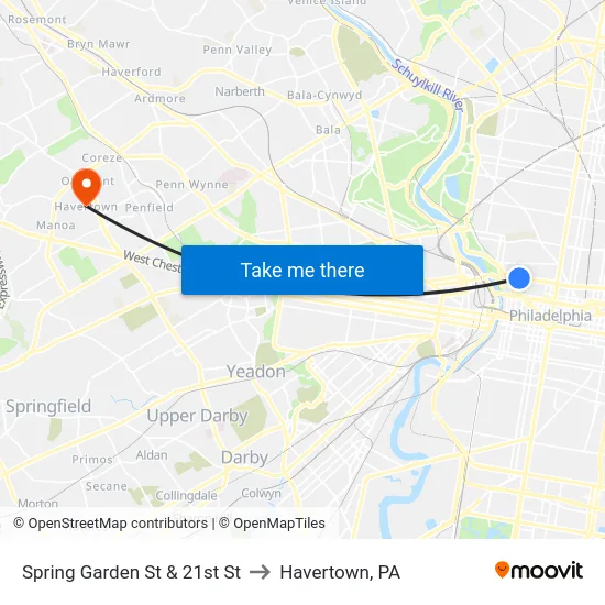Spring Garden St & 21st St to Havertown, PA map