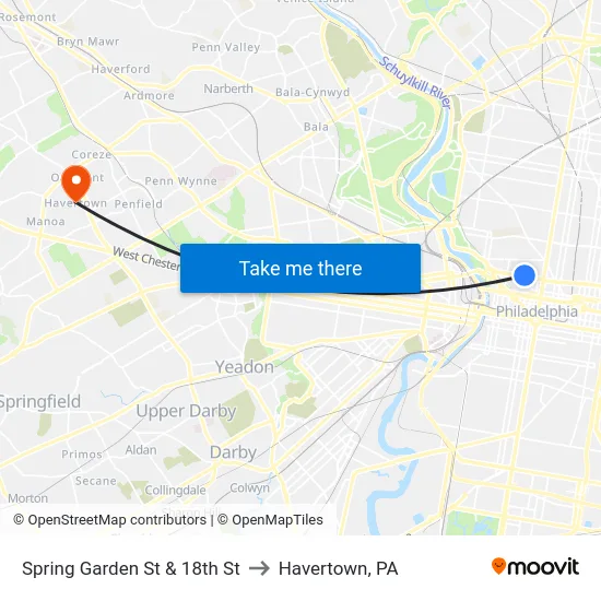 Spring Garden St & 18th St to Havertown, PA map