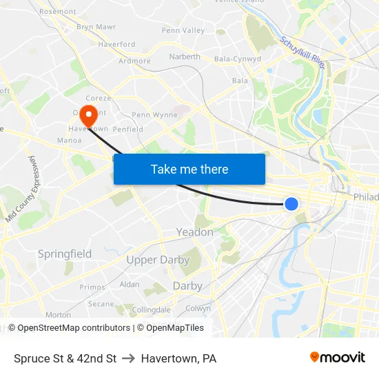 Spruce St & 42nd St to Havertown, PA map