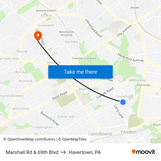 Marshall Rd & 69th Blvd to Havertown, PA map
